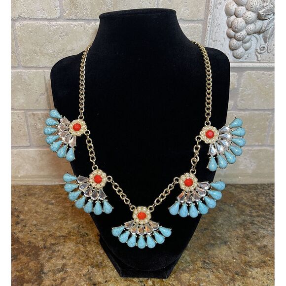 VTG Necklace 20" Bib Collar‎ Southwestern Style Chain Metal Faux Turquoise Coral - Picture 1 of 7